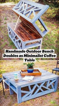 an outdoor table made out of pallet wood and some plants on top of it