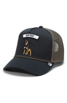 A cheeky patch fronts this head-turning trucker hat made from durable cotton and breathable mesh for all-day comfort. Adjustable snapback strap 98% polyester, 2% spandex Hand wash, dry flat Imported Goorin Bros, Fabric Gift Bags, Bad Boy, Hat Making, Gift Bag, Trucker Hat, Accessories Hats, Nordstrom, Mesh