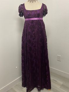 Regency Era Dress/gown Bridgerton Inspired Costume - Etsy Purple Lace Prom Evening Dress, Purple Lace Dresses For Prom, Purple Lace Evening Dress For Party, Purple Lace Dress With Fitted Bodice, Elegant Purple Lace Evening Dress, Lace Wedding Dress In Purple, Fitted Purple Lace Evening Dress, Formal Purple Ball Gown Dresses, Purple Fitted Lace Evening Dress