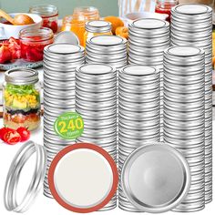 there are many jars and plates on the table with each one's own label