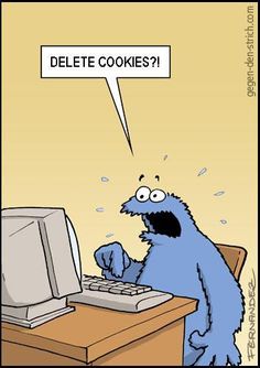 a cookie monster sitting at a desk with a computer and thought bubble above it that says delete cookies?