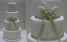 two different views of a wedding cake with flowers on it