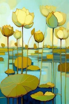 a painting of yellow flowers and water lilies