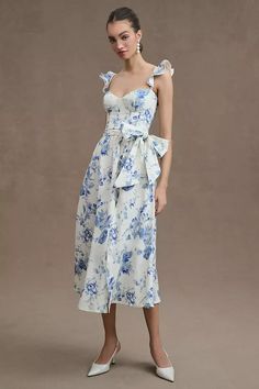 V. Chapman Vera Ruffle-Strap Corset Side-Slit Midi Dress | Anthropologie V Chapman Dress, Different Bridesmaid Dresses, Kentucky Derby Dress, V Chapman, Derby Dress, Affordable Bridesmaid Dresses, Bridesmaid Dress Colors, Fairytale Dress, Pink Midi Dress