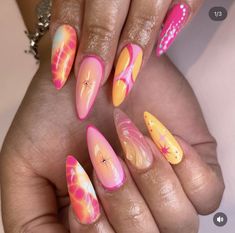 Cruise Nails Almond Shape, Summer Pink And Orange Nails, Soft Grunge Nails, Cruise Nails, Nail Glam, Flowers Tropical, Summer Loving, Grunge Nails, Orange Nails