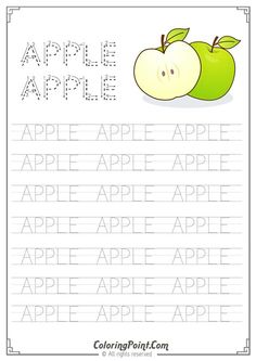 an apple writing practice sheet with the words apples on it and two green apples next to each