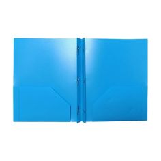 a blue folder with two flaps open on a white background and clippings attached to it