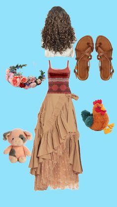 a woman's dress, shoes, and stuffed animals on a blue background