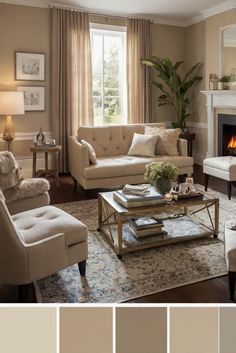 a living room filled with furniture and a fire place in front of a large window