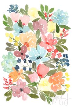 watercolor painting of colorful flowers on white paper