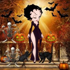 a woman dressed in black standing next to skeletons and pumpkins with bats flying around her