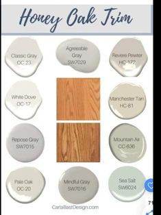 the different shades of paint that are used for home decor and interior design projects, including honey oak trim