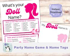 "Pink Doll Party Name Game.  Come on Let's Party! Have a fabulous Pink Party! A party game must for your Doll Themed Party!  Immerse yourself in a delightful \"What's Your Name\" game at our enchanting doll party, themed around the magical world of dolls. Become someone else for a day Name Game and use at your next party! This is a fun ice breaker at a birthday party, holiday party or really anywhere you want to be someone else. GAME DETAILS - HOW TO PLAY 1 - Print the Game Page, then frame it, hang it, laminate it or post it for all to see. 2 - Print out the Name Tag Page on an Avery name tag label (see label details below).  3 - Create your \"New Name\" with the first letter of your name plus the name in your birthday month. 4 - We recommend a medium or fine tipped \"Sharpie\" type pen f Games For Barbie Party, Barbie Birthday Games For Kids, Barbie Birthday Party Games Free Printable, Barbie Name Tag Printable, Hen Party Pass The Parcel, Pink Girl Birthday Party, Pink Bridal Party, Party Names, Bachelorette Games