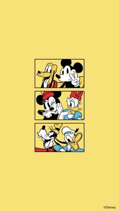 an image of mickey mouse and friends in the same room with yellow walls, black and white