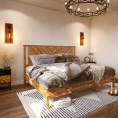 a large bed sitting on top of a wooden floor