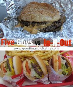 there are three different types of hamburgers and fries on tin foil with the words five guys vs in - n - out