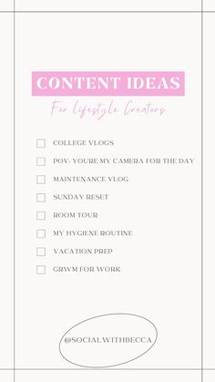 a pink and white checklist with the words, content ideas for college grads