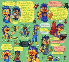 an image of cartoon characters with different expressions and words on them, all in blue