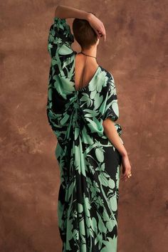 Green kaftan with printed floral motifs in a flared silhouette. - Aza Fashions Bohemian Floral Print Evening Kaftan, Chic Floral Print Kaftan With Kimono Sleeves, Summer Evening Floral Print Kaftan, Elegant Floral Print Flowy Kaftan, Elegant Evening Floral Print Kaftan, Diwali Jewellery, Green Kaftan, Mint Green Fabric, Kaftan Pattern