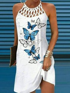 Butterfly Print Dress, Printed Casual Dresses, Casual White Dress, Mini Dress Fashion, Butterfly Dress, Halter Mini Dress, Halterneck Dress, Types Of Dresses