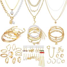 PRICES MAY VARY. 【Gold Jewelry Set】: This jewelry set includes 7 necklaces, 12 bracelets, 10 kunckle rings, 9 pairs earrings and 7 ear clip , totally 45 pcs, well-chosen by our professional designers, making you the focus of every occasion. 【Trendy Design】: This jewelry set is made of high quality stainless steel and alloy, lead-free and nickle-free, hypoallergenic, suitable for sensitive skin. Each piece is carefully designed with shiny rhinestones inlaid, highlighting your noble and elegant te Gold Jewelry Set, Silver Gold Jewelry, Valentine Anniversary, Gold Jewelry Sets, Ear Cuff Earings, Knuckle Rings, Girls Valentines, Black Gift Boxes, Friendship Gifts