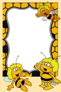 a cartoon bee frame with two bees and a honeybee on the bottom, in front of