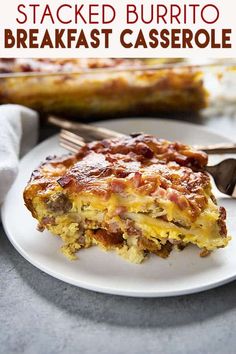 a piece of quiche on a white plate with a fork next to the casserole