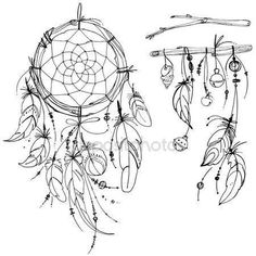 a drawing of a dream catcher with feathers and beads