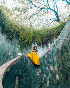 a woman sitting on top of a tiled roof next to a tree and green wall