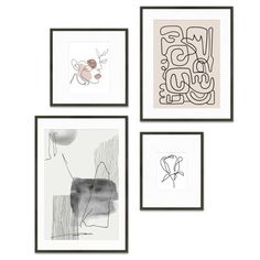 four framed artwork pieces on a wall