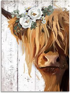 a painting of a cow with flowers in its hair on a white wooden fence background