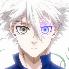 an anime character with white hair and blue eyes