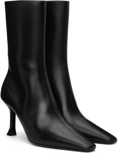 Mid-calf buffed calfskin boots in black. · Pointed square toe · Zip closure at inner side · Grained calfskin lining · Covered stiletto heel with rubber injection · Leather sole · Logo-engraved silver-tone hardware · Heel: H3 in Supplier color: Nero Pointed Boots, Reversible Belt, Silver Engraving, Mid Calf Boots, Accessories For Women, Stiletto Heel, Salvatore Ferragamo, Mid Calf, Aesthetic Clothes