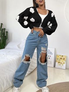 Clouds Pattern Cardigan Without Camisole | SHEIN USA Soft Girl Aesthetic Outfit, Pattern Cardigan, Soft Girl Aesthetic, Clouds Pattern, Patterned Cardigans, Shein Style, Casual Street Style, Street Style Women, Cardigans For Women