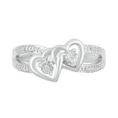 Express your love with the entwined design of this diamond accent double interlocked hearts ring in sterling silver. Fashioned in sterling silver Polished interlocked heart outlines each showcase a center diamond accent - artfully set to enhance size and sparkle. The beaded ribbons of the split shank highlight the tilted centerpiece to complete the look. Sterling Silver Double Heart Ring For Anniversary, Silver Double Heart Ring For Mother's Day, White Gold Double Heart Jewelry With Diamond Accents, Sterling Silver Double Heart Ring, White Gold Double Heart Ring For Anniversary, Sterling Silver Double Heart Ring Fine Jewelry, Elegant Double Heart Ring For Mother's Day, Sterling Silver Double Heart Ring In Fine Jewelry Style, Elegant Double Heart Ring