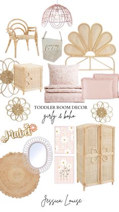 a collage of furniture and accessories with the words toddler room decor pretty & little