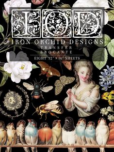 the front cover of iron orchid designs, featuring an image of a woman surrounded by birds and flowers