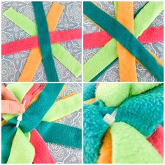 four pictures showing how to sew the ends of colorful ribbon ties with sewing scissors