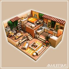 an aerial view of a bedroom and living room