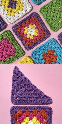 crocheted granny grannys are arranged in squares and the same pattern is shown