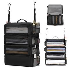 an open travel bag with multiple compartments