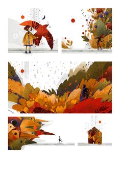 four different views of people walking in the rain with umbrellas and autumn leaves on them