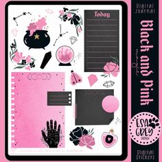 a pink and black planner sticker sheet with lots of different things on the page