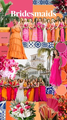 the bridesmaids are all in bright orange and pink