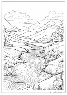 a black and white drawing of a river