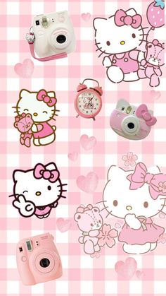 hello kitty wallpaper with pink and white checkered tablecloth, camera, cell phone and other items