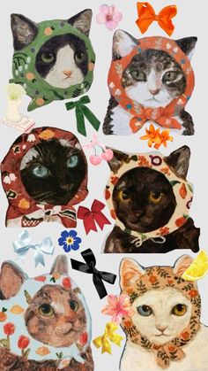 four cats with different designs on their faces and neck ties are shown in this collage