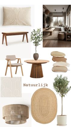 a collage of furniture and decor in neutral colors