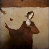 a painting of a woman holding an apple in front of a bird flying above her