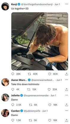 an image of a man fixing the hood of a car that is parked in front of him